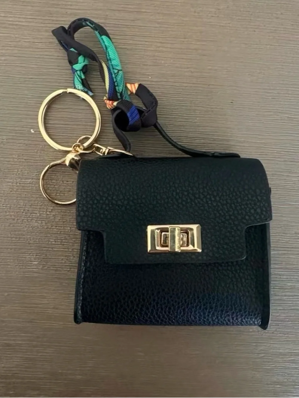 Black Leather Mini Keychain Bag with Gold Hardware